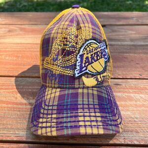 New Era Lakers Limited Hat Rare Y2K Plaid Mesh Snapback Purple Gold Trucker Cap
